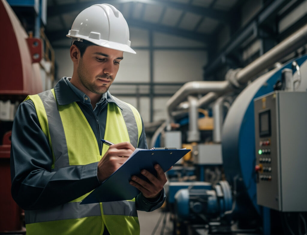Mężczyzna w kasku i kamizelce z clipboardem, audytuje halę przemysłową.