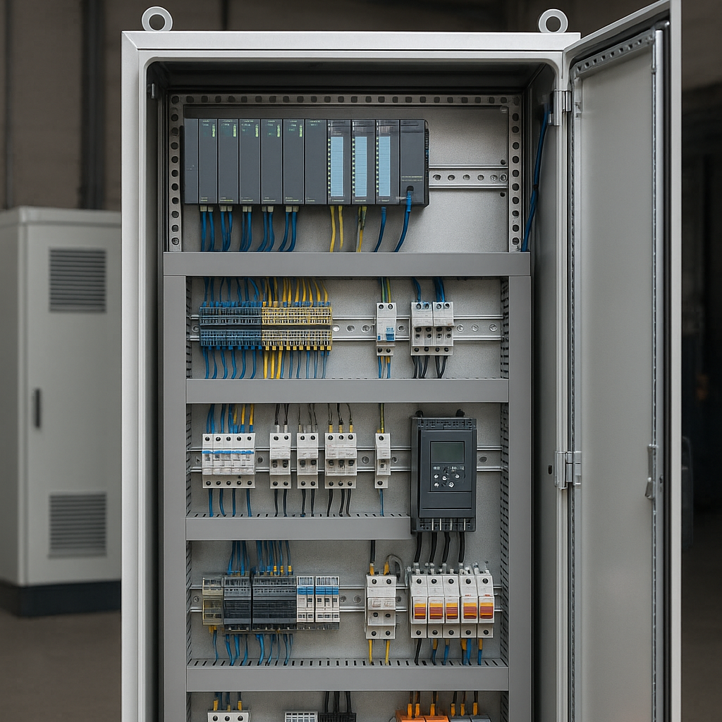 Otwarte drzwi szafy sterowniczej w hali produkcyjnej, widoczne sterowniki PLC, przekaźniki, styczniki i przewody elektryczne ułożone w uporządkowany sposób