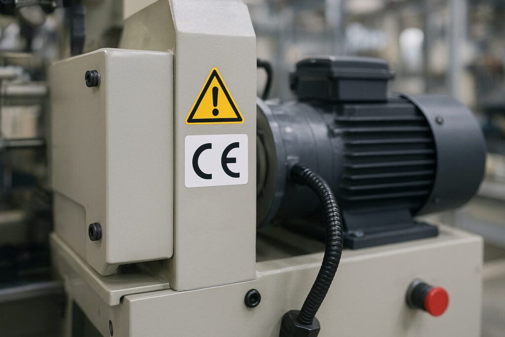 Zbliżenie na maszynę przemysłową z widocznym oznaczeniem CE i etykietą ostrzegawczą.