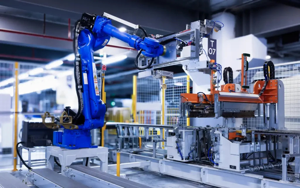Niebieskie ramię robotyczne pracujące na linii produkcyjnej
